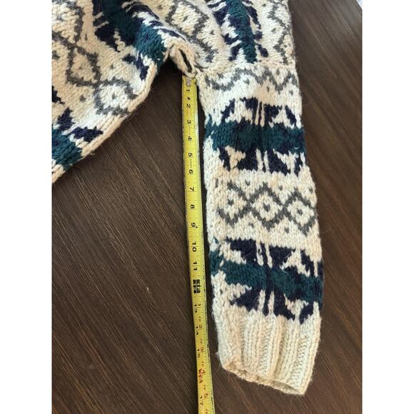 Llama Wool Sweater Mens Large Cream Green Hand Knit Ecuador Crewneck Chunky - Picture 9 of 9